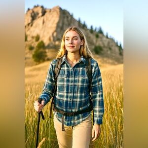 Patagonia Fjord Organic Cotton Blue Plaid Flannel Button Down Shirt.‎ Women’s 12
